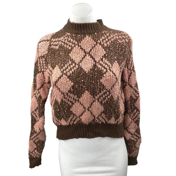 Coco + Jaimeson Brown Pink Argyle Long Sleeve Mock Neck Sweater Top Size S - Picture 1 of 3